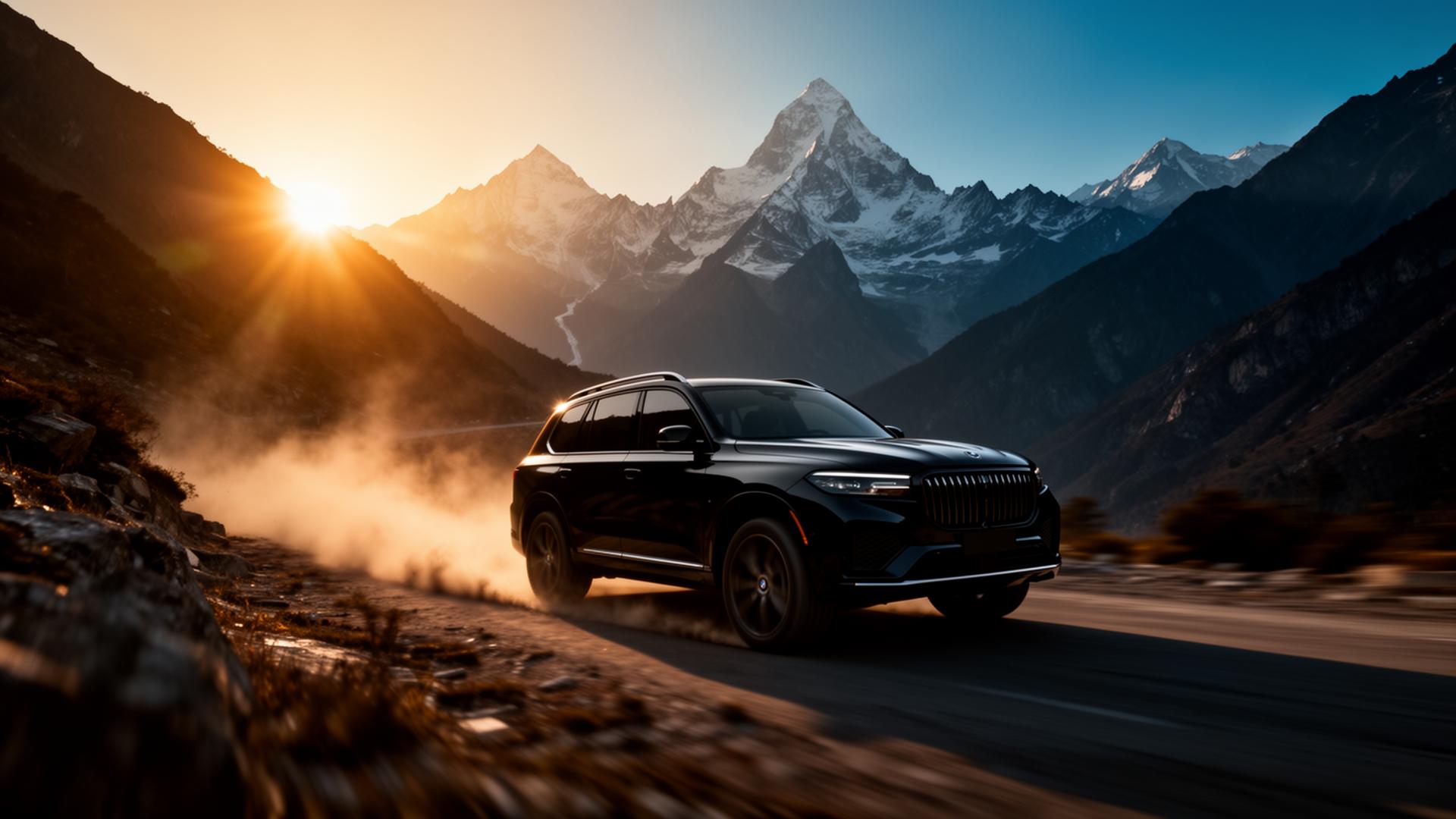 Premium SUV driving through a Himalayan mountain pass at golden hour