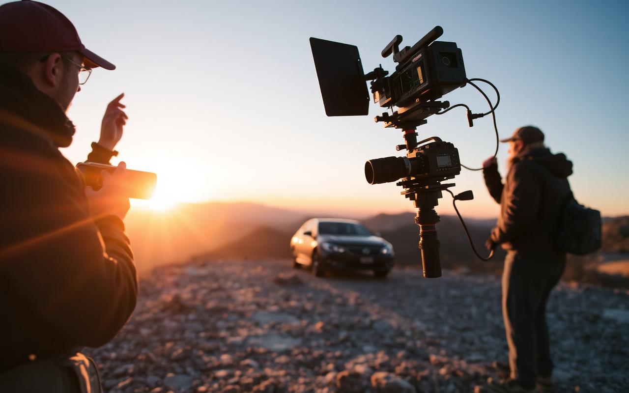 Film production crew shooting a car on location